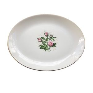 Vintage Oval Gold Rim Platter with Pink flowers.